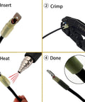 Steps showing use of 550 Piece Waterproof Heat Shrink Wire Connectors Kit for automotive projects, crimping and sealing process illustrated.