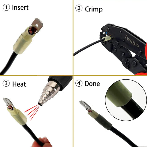 Steps showing use of 550 Piece Waterproof Heat Shrink Wire Connectors Kit for automotive projects, crimping and sealing process illustrated.