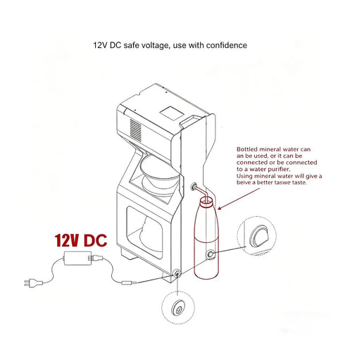 12V DC water connection setup for No Fuss Automatic Cold Brew Coffee Machine With Smart Reminder And Led Touchscreen.