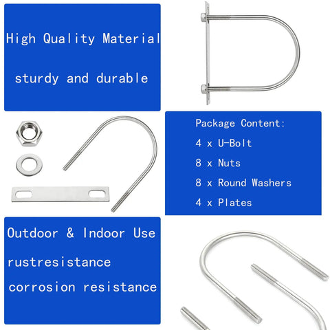 4 Pack Square U Bolts Four And One Half Inch Stainless Steel With Plates Nuts And Flat Washers M10 Round For Car RV Trailer Bumper Boat Marine Applications Built To Last shown with parts and materials