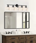 Slick Black 5 Light Vanity Fixture With Clear Glass Shades above bathroom mirror, E26 base, modern design, easy install