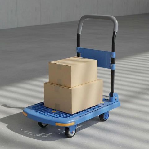 Folding Cargo Cart Hand Truck With Silent Swivel Wheels And Foldable Handle, Heavy Duty Steel Frame, Thick PP Platform, Smooth Steering For Quick Quiet Hauls At Home Or Warehouse, Blue 75x50cm 5 Inch TPR Wheels, with boxes