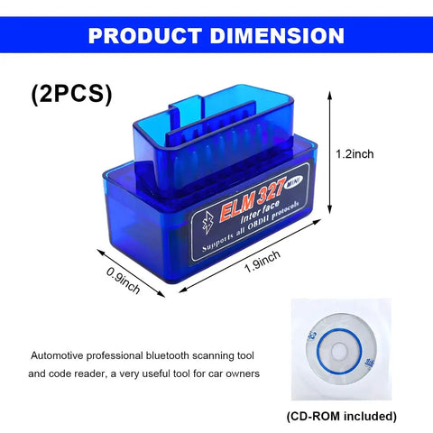 Two Pack Bluetooth OBD2 Diagnostic Scanner Kit For Android And Windows ELM327 with dimensions and CD-ROM