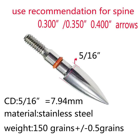 Close-up of 5/16 inch stainless steel 100 Grain Screw In Archery Field Points Arrowheads on a white background.