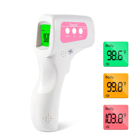 Non Contact Infrared Forehead Thermometer For Adults Kids And Baby 3 In 1 No Touch Digital Fever Temperature Gun, white ABS, front view