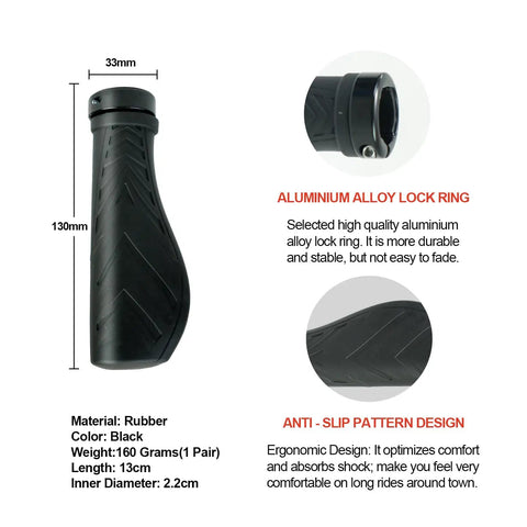 Ergonomic Bike Handlebar Grips G 124BL Lock On Aluminum Alloy Lock Ring With Grippy Soft Rubber shown with measurements and features.