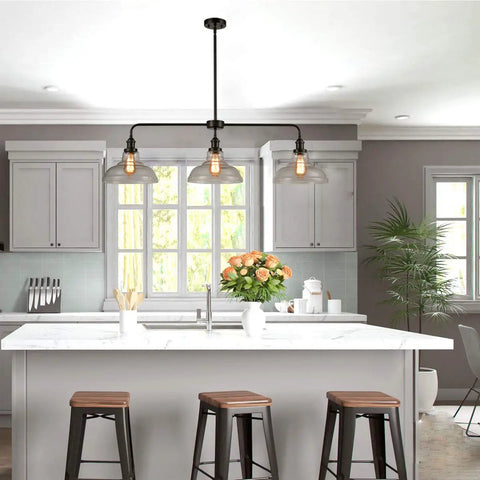 Industrial Glass Island Pendant Light In Oil Rubbed Bronze, Large Modern Hanging Fixture For Kitchen Island with Clear Glass Shade