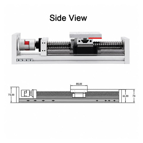 Side view of Heavy Duty Double Linear Rail Slide Stage For Xyz Axis Cnc Machines featuring 16mm ball screws and HGR15 guide rails.