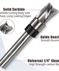 Top Notch Spiral Flush Trim Router Bit For Plywood And MDF 3/8 Inch Diameter showing solid carbide body and universal 1/4 inch shank.