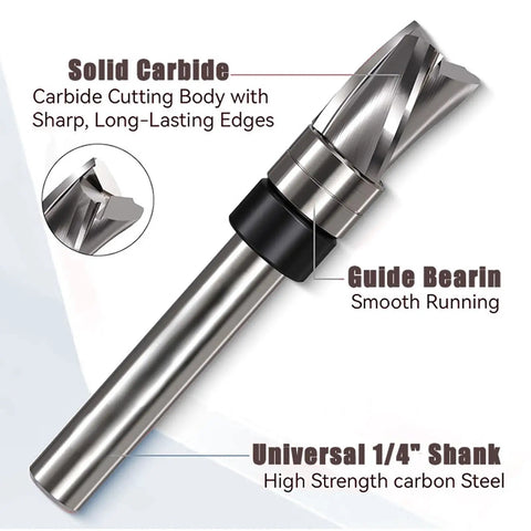 Top Notch Spiral Flush Trim Router Bit For Plywood And MDF 3/8 Inch Diameter showing solid carbide body and universal 1/4 inch shank.