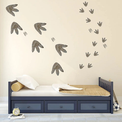 Bedroom with dinosaur footprint wall stickers above bed; 64 Piece Dinosaur Footprint Floor Decals Peel And Stick Dinosaurs Wall Tracks Stickers For Baby Nursery Bedroom Home Decor Removable Vinyl Footprints Great For DIY Walls And Floors