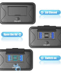 Image of a Two Pack 78W 4 Port 12V USB Wall Mount Charger Panel with Button Switch, showcasing lid open, closed, and switch positions.