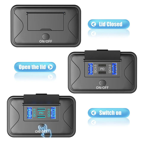 Image of a Two Pack 78W 4 Port 12V USB Wall Mount Charger Panel with Button Switch, showcasing lid open, closed, and switch positions.