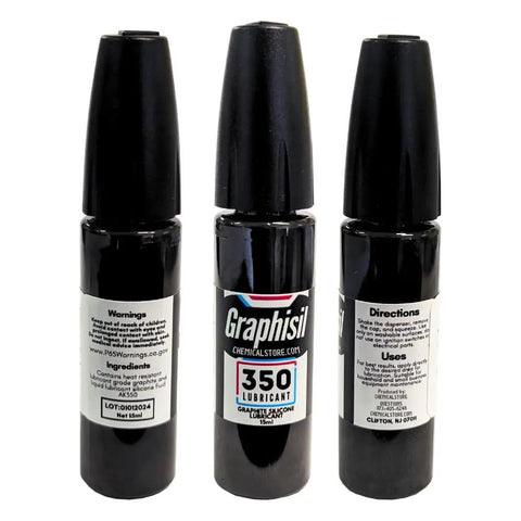 Multi Use Silicone Graphite Lube With Precision Nozzle 15ml bottle showing label, warnings, and directions for small gears and tools.