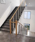 Eight Piece Metal Baluster Kit For Outdoor Deck And Porch Railing featuring modern black balusters on a staircase.