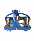 Heavy Duty Cable Pulley Roller Guide Block Sheave With Thick Plate Frame And Smooth Steel Wheel Built To Last For Utility Crews, Three-Wheel Steel Wheel System With 130Mm And 100Mm Diameters For Easy Line Routing Through Turns And Wells. blue three-wheel steel cable pulley guide block with thick plate frame