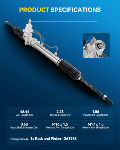 Rack And Pinion Steering Rack For 1993-2002 Prizm And 1993-1997 North American Corolla And 1998-2002 Hydraulic Power Corolla Direct Fit OE Replacement DIY Friendly 261963 4550319215 4425002020 with visible specifications.