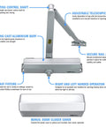 9000 Series Grade 1 Beefy Door Closer Multi Mount With Adjustable Power Spring Size 1 To 6 ADA Compliant UL Listed shown with features labeled