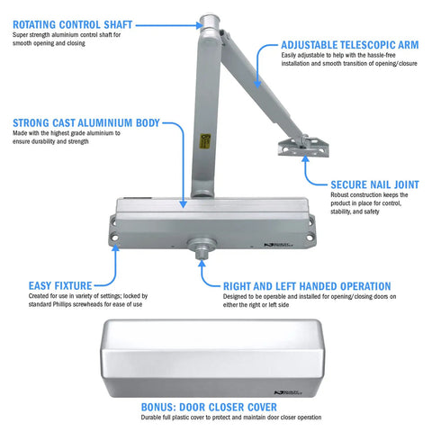 9000 Series Grade 1 Beefy Door Closer Multi Mount With Adjustable Power Spring Size 1 To 6 ADA Compliant UL Listed shown with features labeled
