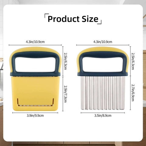 Crinkle cutter with yellow handle and protective case; two views show case version and stainless blade version.