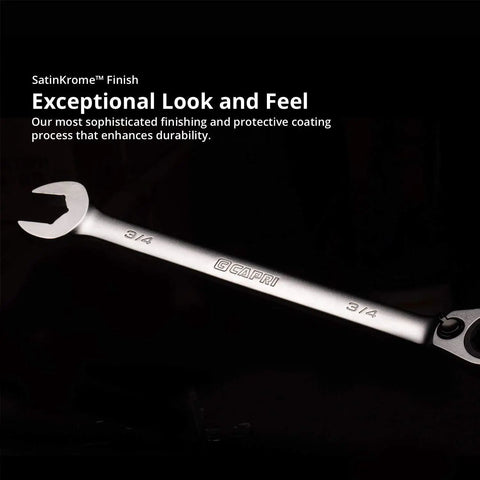 Long Pattern 6-Point Reversible Ratcheting Wrench Set 1/4 To 3/4 Inch SAE showcasing open-end with SatinKrome finish
