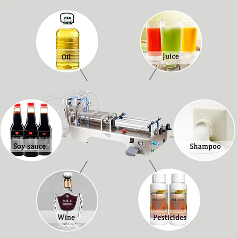 Heavy Duty Double Head Pneumatic Bottle Filler Built Tough Handles One To Forty Bottles Per Minute Stainless Steel Liquid Filling Machine with various liquid types.
