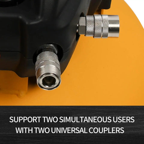 Pancake Portable Electric Oil Free Air Compressor With Two Couplers, 6 Gallon Tank, 135 PSI, close-up of dual couplers