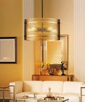 Farmhouse Drum Chandeliers Pendant Light Fixture with gold mesh shade and black frame, 20 inch diameter, living room setting