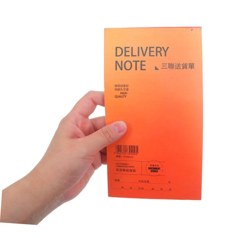 Three Part Carbonless Invoice And Receipt Book Pad For Small Biz Fast Billing Clear Order Forms Cash Receipts Handy Record Keeping For Stores Warehouses Retail And Repair Shops orange delivery note pad held in hand