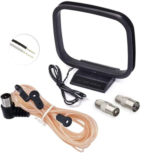 FM Dipole Antenna 75 Ohm Indoor AM Loop kit with black loop, cables, and connectors for clear FM reception and HD radio
