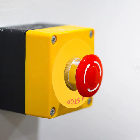 Emergency Stop Sticker Set For Machinery And Generators, Peel And Stick Safety Warning Signs, visible on a button