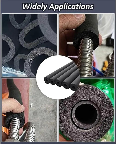 Pipe Insulation Foam Tube 1-1/2 Inch ID, 3/8 Inch Wall, 6 Ft Long Black EPDM Tubing shown on pipes and handles