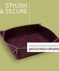 Handmade Italian Tumble Leather Valet Tray Organizer For Desk in Wine Finish, showing genuine leather texture and secure sides.