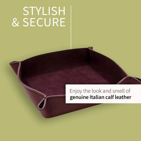 Handmade Italian Tumble Leather Valet Tray Organizer For Desk in Wine Finish, showing genuine leather texture and secure sides.