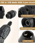 Pro Grade Drill Chuck Collet Set For Rotary Tools, 1/32 to 1/8 inch 3-jaw chucks close-up details.