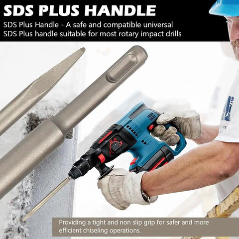 SDS Plus handle in use with rotary hammer from Masonry Chisel Set For SDS Plus Rotary Hammer, 4 Piece Tile Removal Bits Kit image.