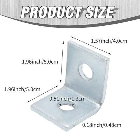10 Pack 2 Hole L Shaped Connector Bracket For One Half Inch Bolts, 90 Degree Angle, shown with dimensions in inches and cm