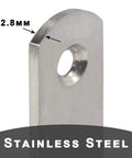 Close-up of a Dang Solid Stainless Steel Corner Brace 2.8mm thickness, highlighting the pre-drilled hole for installation.