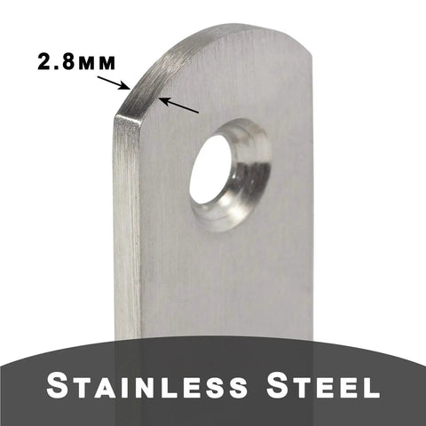 Close-up of a Dang Solid Stainless Steel Corner Brace 2.8mm thickness, highlighting the pre-drilled hole for installation.