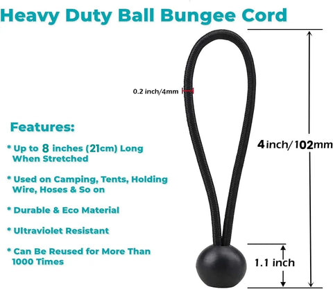 Black 4-inch heavy duty ball bungee cord with features, part of 30 Pack Ball Bungee Cords 4 Inch Heavy Duty Tarp Ties Weather Resistant Tie Downs