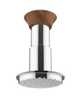 Straight Up 58mm Espresso Tamper For Dead On Pulls Daily brushed stainless steel coffee press with wood grip top view.