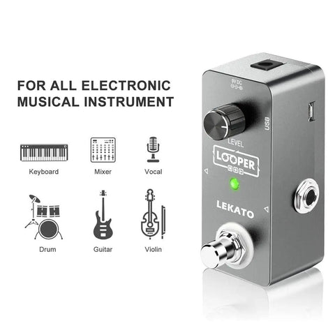 Guitar Looper Pedal With 5 Minute Loop Time Ultra Compact Aluminum Build Dope 24-Bit Uncompressed Audio next to instrument icons