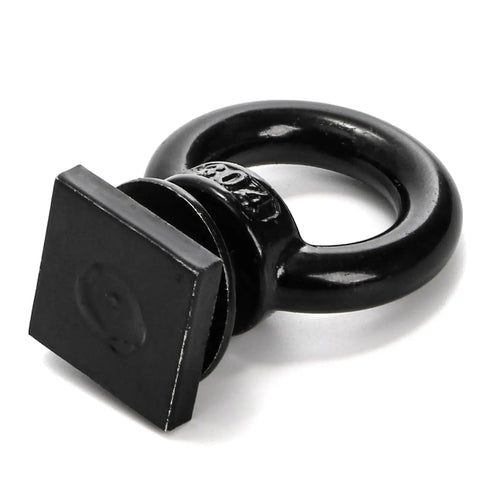 Heavy Duty Eight Pack M8 T Slot Track Tie Down Anchors Black Coated Stainless Steel Eye Bolts with flat base view.