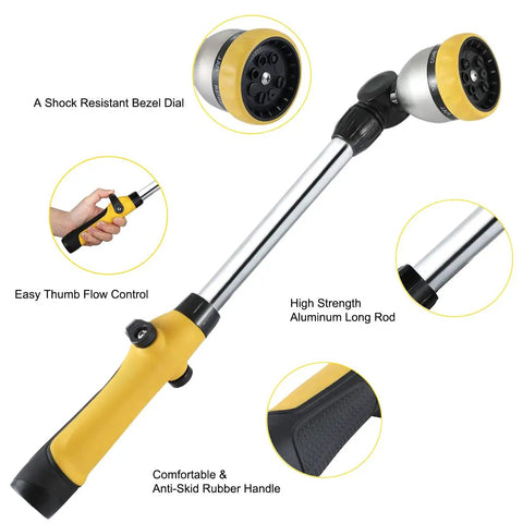 16 Inch Garden Watering Wand with 180 Degree Rotating Head and Thumb Control Shut Off Valve Eight Pattern Heavy Duty Hose Nozzle in Yellow