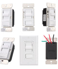 Plug And Play Easy Install Dimmer Switch For LED And CFL Bulbs Plus Traditional Incandescent And Halogen 120V 150W Dimmable 600W Max No Neutral Wire Needed UL Listed White, shown in various angles including front and back view with wiring visible.