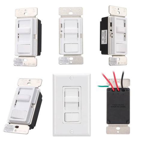 Plug And Play Easy Install Dimmer Switch For LED And CFL Bulbs Plus Traditional Incandescent And Halogen 120V 150W Dimmable 600W Max No Neutral Wire Needed UL Listed White, shown in various angles including front and back view with wiring visible.