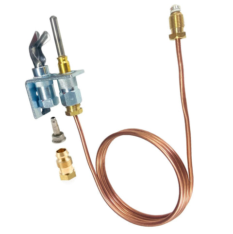 Pilot burner with thermocouple assembly for natural gas/propane; copper tubing and metal mounting bracket.