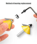 Hands replacing ball bearing on Pro Grade Router Bearing Guide Kit with Top Mounted Ball Bearing Set, wrench in view