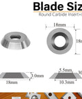Blade size diagram showing 18mm Round Carbide Insert Blades For Wood Lathe Turning 10 Pcs dimensions and angles.