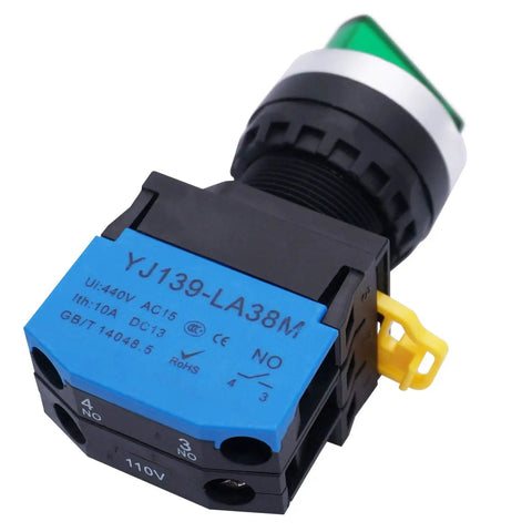 22mm SPST 1NO Two Position Maintained Latching Rotary Selector Switch With Green LED Indicator 440V 10A panel mount